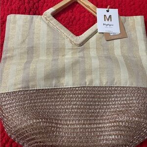 Mystique Boutique Beige & Gold Striped Woven Tote with Wooden Handles